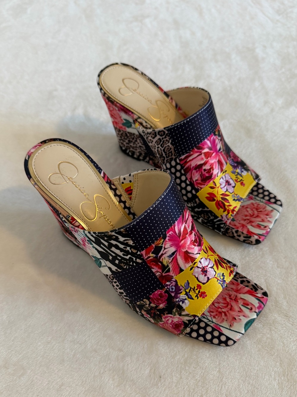 Jessica Simpson Size 7.5 Floral Patchwork Wedge Mule - Navy, Yellow, Pink, Black